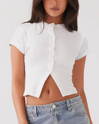 Ribbed Button-Front Cropped Tee