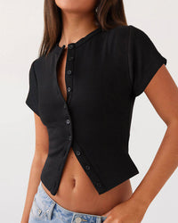 Ribbed Button-Front Cropped Tee