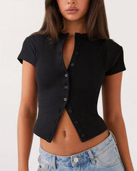 Ribbed Button-Front Cropped Tee