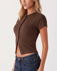 Ribbed Button-Front Cropped Tee