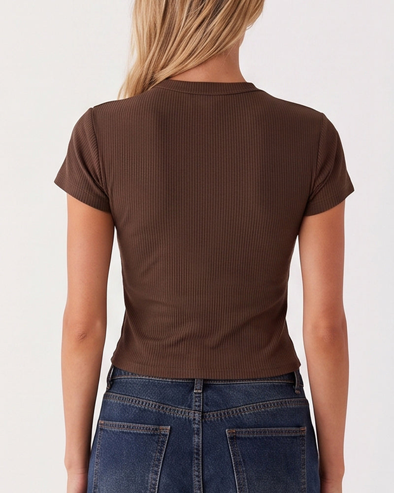 Ribbed Button-Front Cropped Tee