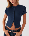 Ribbed Button-Front Cropped Tee