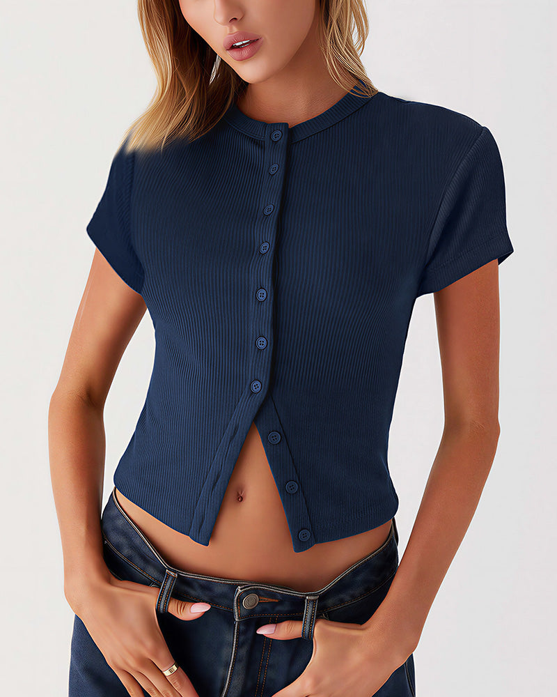 Ribbed Button-Front Cropped Tee
