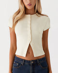 Ribbed Button-Front Cropped Tee