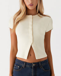 Ribbed Button-Front Cropped Tee