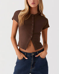 Ribbed Button-Front Cropped Tee