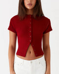 Ribbed Button-Front Cropped Tee