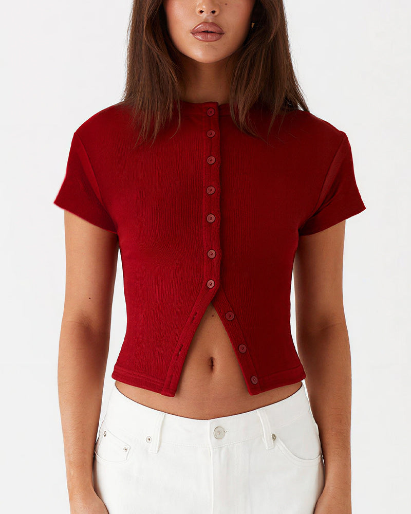 Ribbed Button-Front Cropped Tee