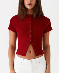 Ribbed Button-Front Cropped Tee