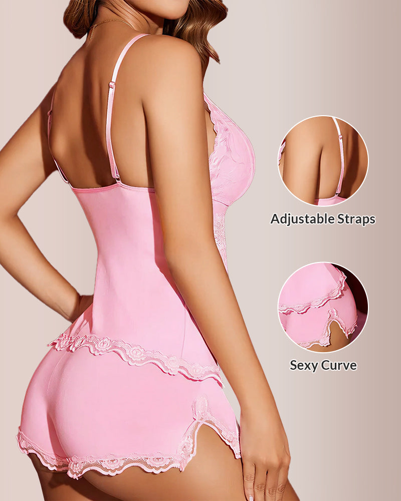 Conjunto de pijama de camisola y pantalones cortos con ribete de encaje 