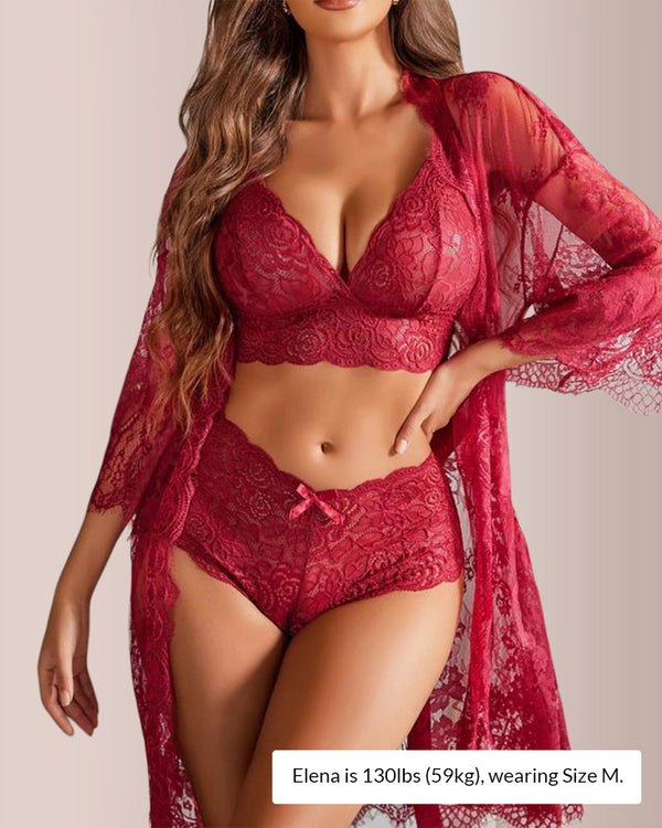 Conjunto de pijama de 3 piezas de encaje transparente 