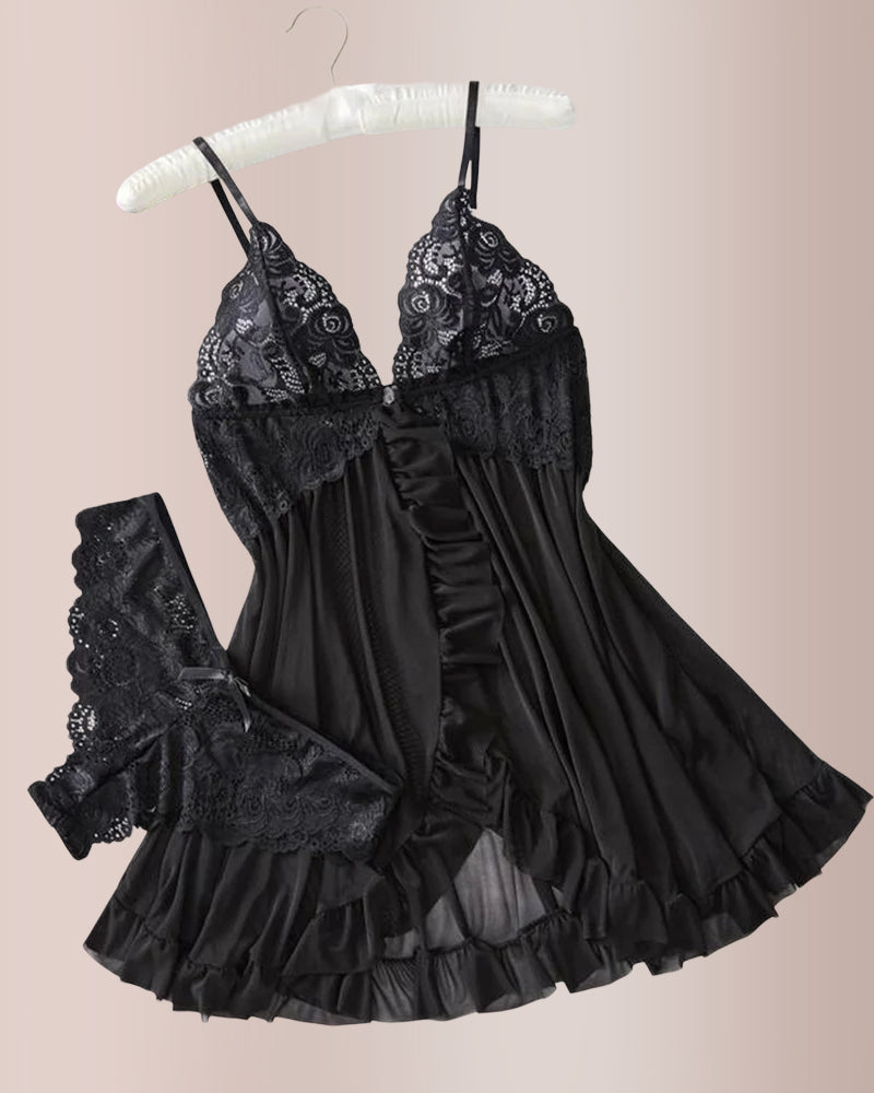 Completo camicia da notte trasparente in pizzo e rete 