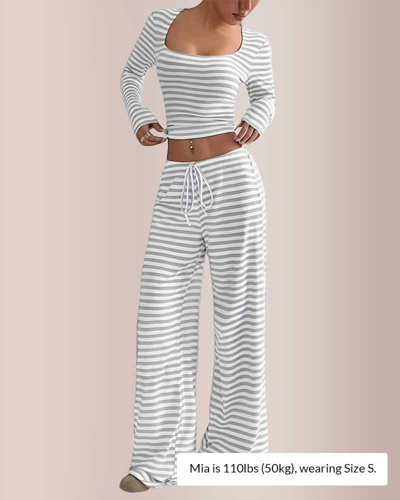 Stripe Square Neck Crop Top & Wide Leg Pants Set