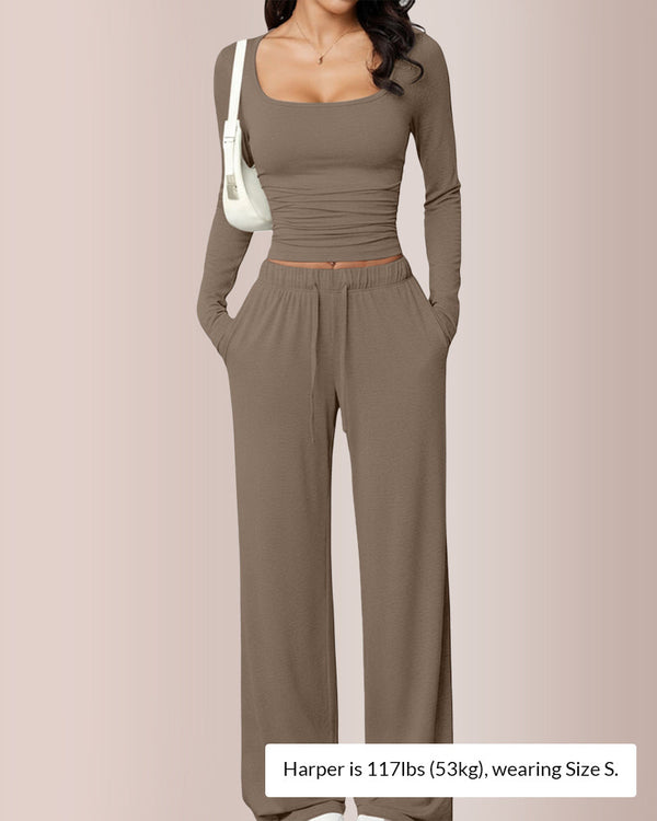 Square Neck Crop Top & Wide Leg Pants Set