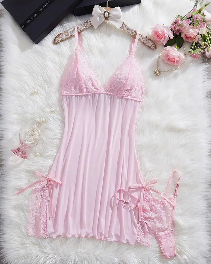 Lace Trim Cami Nightdress & Thong Set