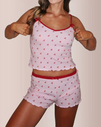 Cherry Print Contrast Binding Pajama Set