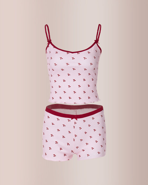Cherry Print Contrast Binding Pajama Set