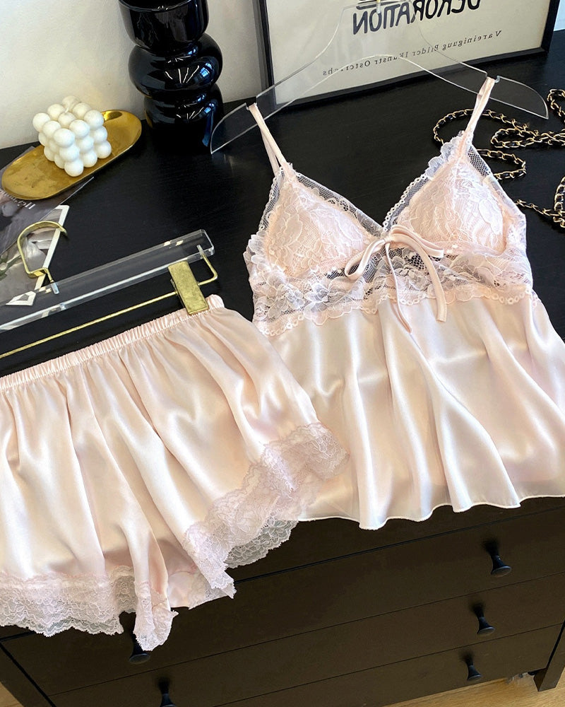 Lace Trim Satin Cami & Shorts Pajama Set