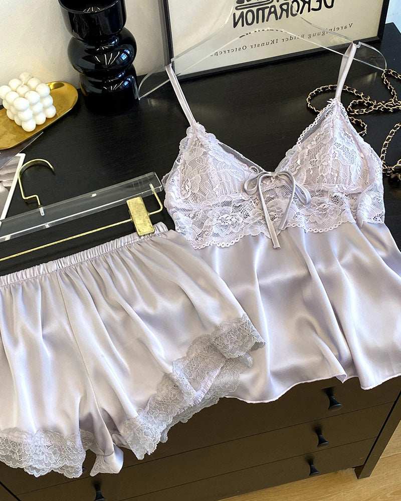 Lace Trim Satin Cami & Shorts Pajama Set