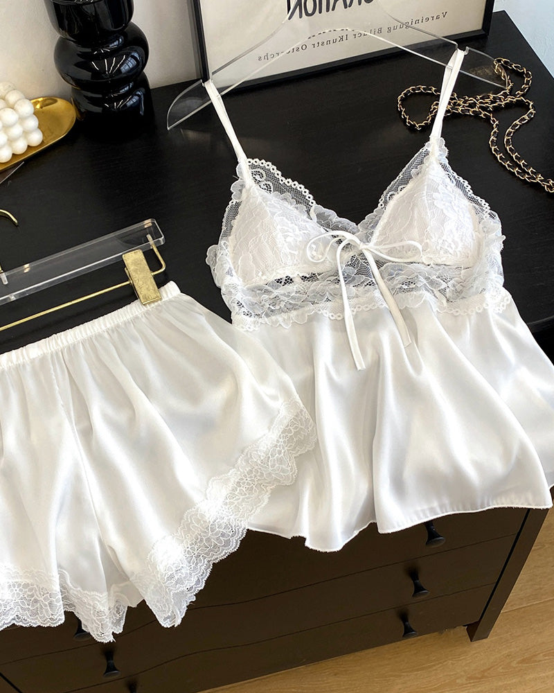 Lace Trim Satin Cami & Shorts Pajama Set