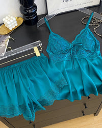 Lace Trim Satin Cami & Shorts Pajama Set