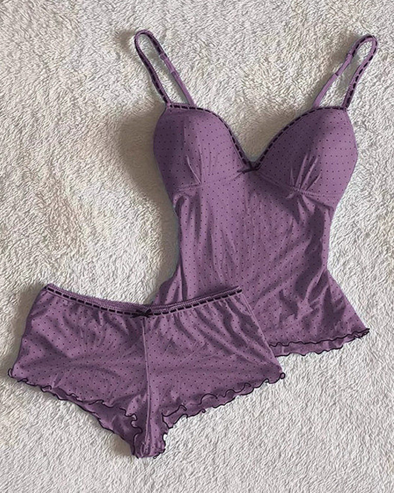 Summer Ruffled Dot Print Sleepwear Set