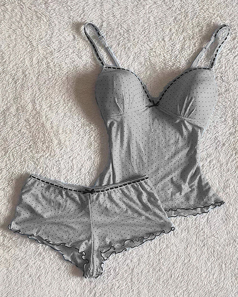 Summer Ruffled Dot Print Sleepwear Set