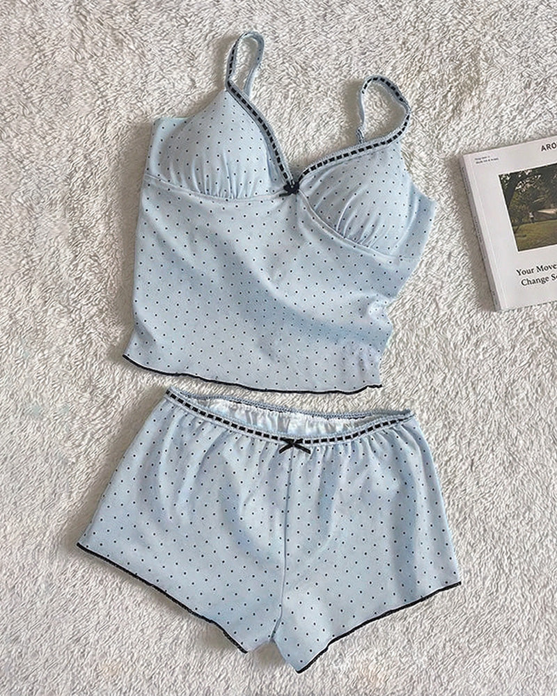 Summer Ruffled Dot Print Sleepwear Set