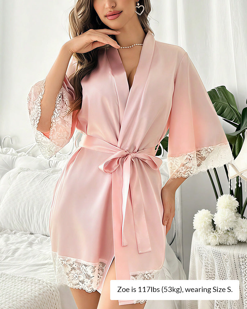 Elegant Satin Lace-Trimmed Short Loungewear Robe