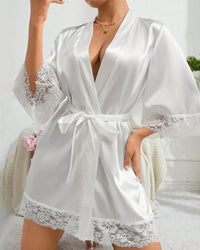 Elegant Satin Lace-Trimmed Short Loungewear Robe