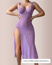 Mesh Butterfly High-Slit Slip Dress