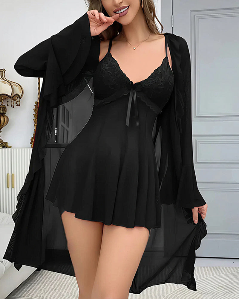 Deep-V Lace Nightgown & Matching Robe Set