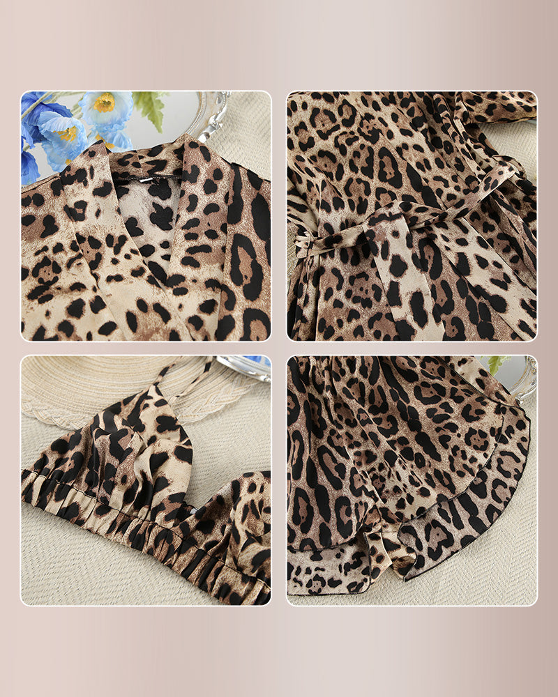 Leopard Print Long Sleeve 3-Piece Pajama Set