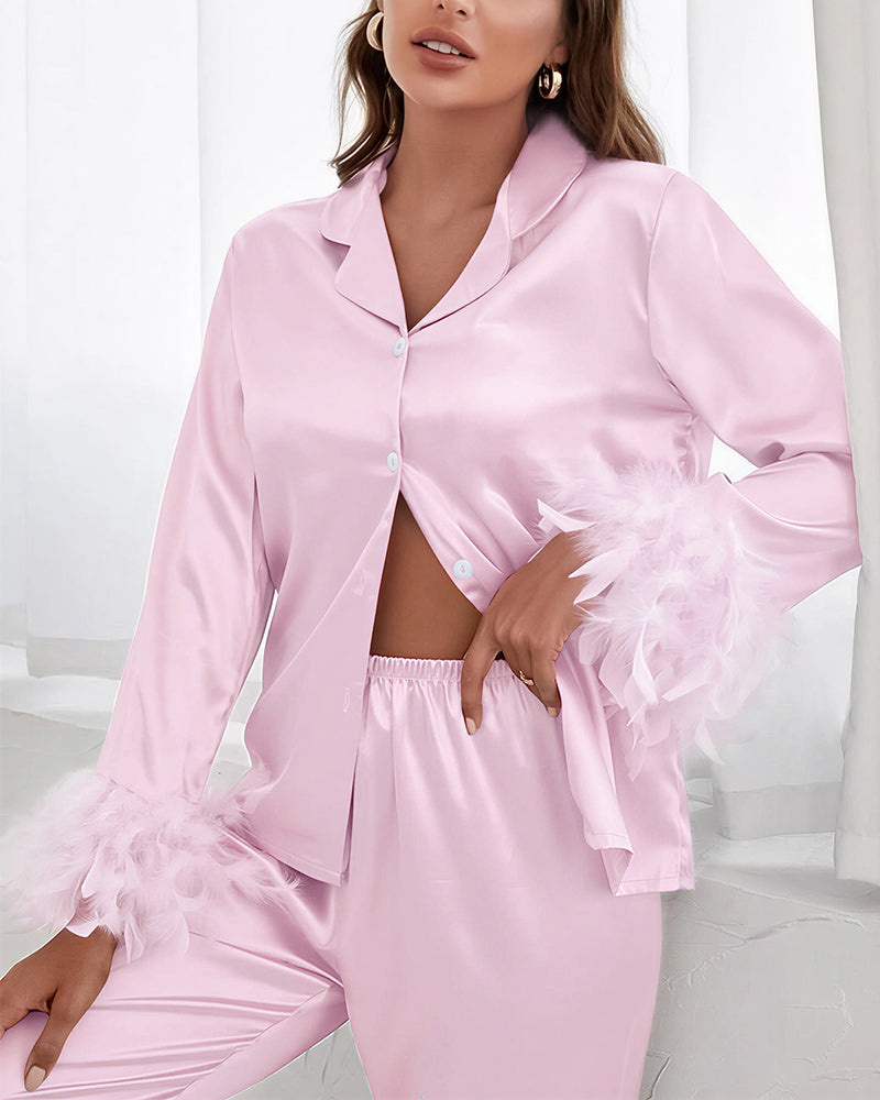 Feather-Trim Ice Silk Pajama Set