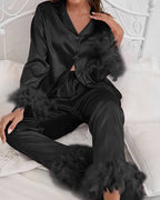 Feather-Trim Ice Silk Pajama Set