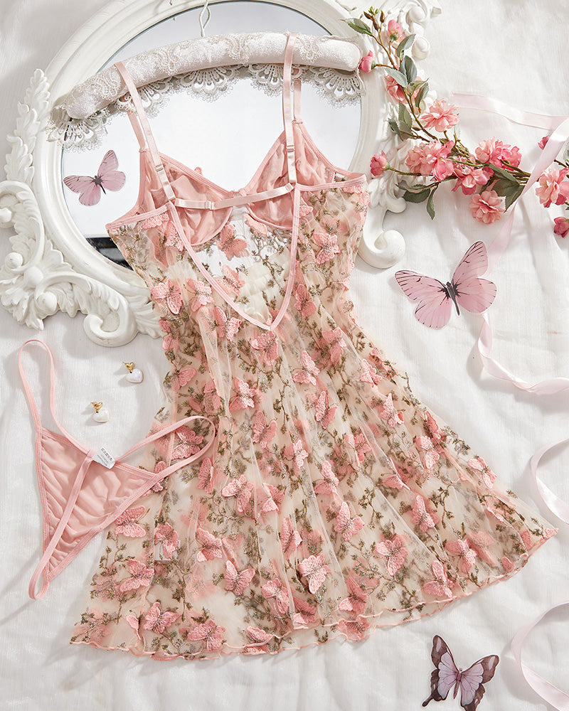 Butterfly Embroidered Mesh Lingerie Dress Set