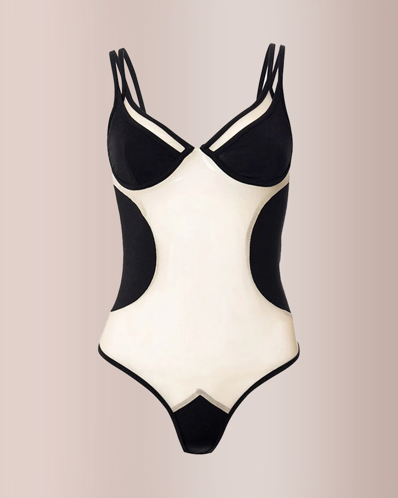 Body sexy transparente de patchwork de tul negro moderno