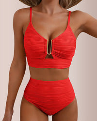 Conjunto de bikini texturizado de cintura alta con abertura en forma de U