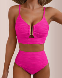 Conjunto de bikini texturizado de cintura alta con abertura en forma de U