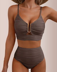 Conjunto de bikini texturizado de cintura alta con abertura en forma de U