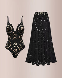 Laser Cut One-Piece Swimsuit & Cover Skirt Set
