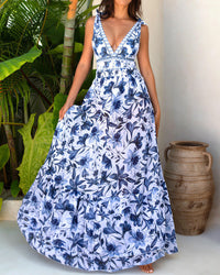 V Neck Lace Up Printed One Piece Swimsuit and Skirt