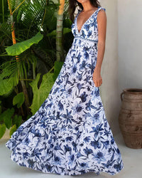 V Neck Lace Up Printed One Piece Swimsuit and Skirt