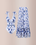 V Neck Lace Up Printed One Piece Swimsuit and Skirt
