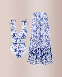 V Neck Lace Up Printed One Piece Swimsuit and Skirt