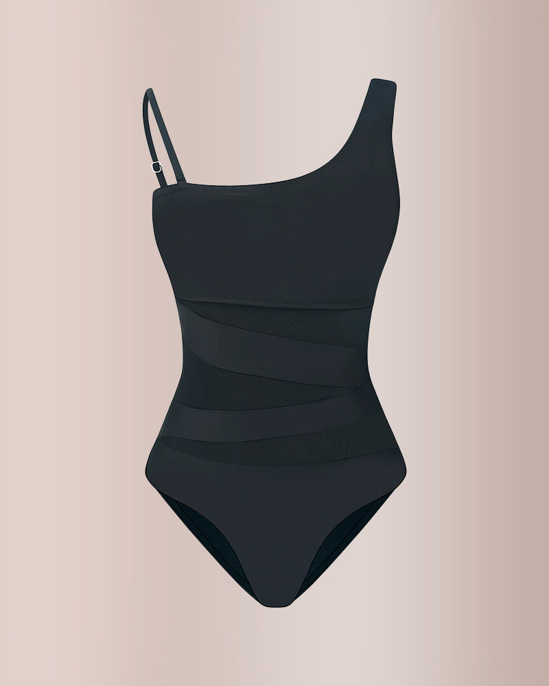 One Shoulder Mesh Insert High Cut One-Piece Swimsuit