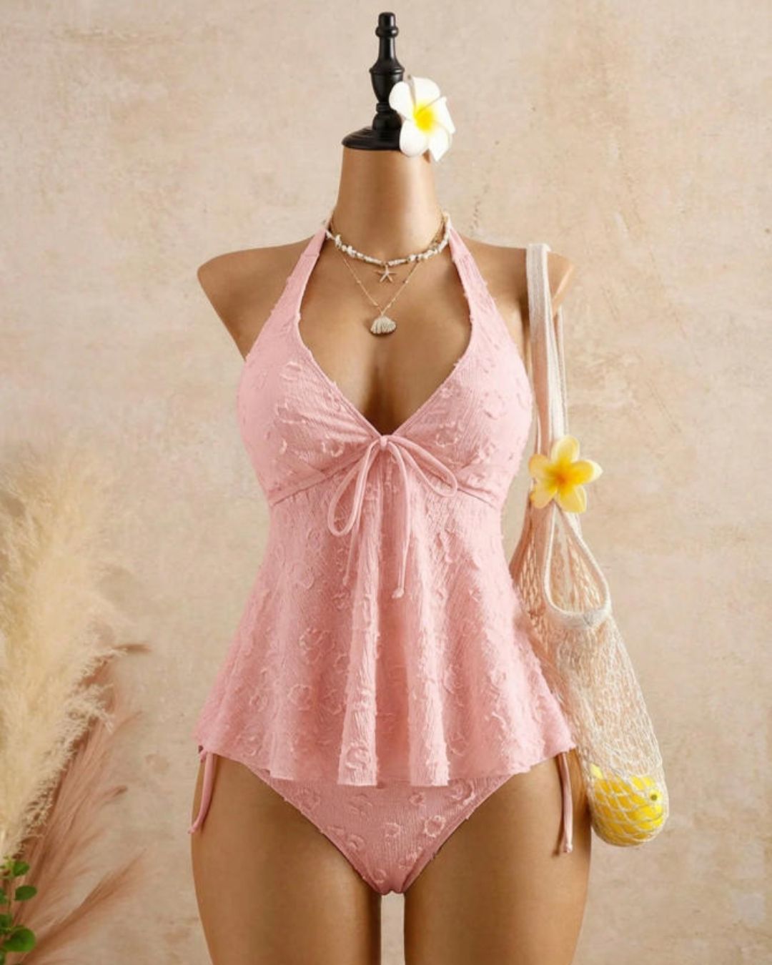 Girly Relaxed Vacation Polka Dot Textured Fabric Camisole Babydoll Bikini Set