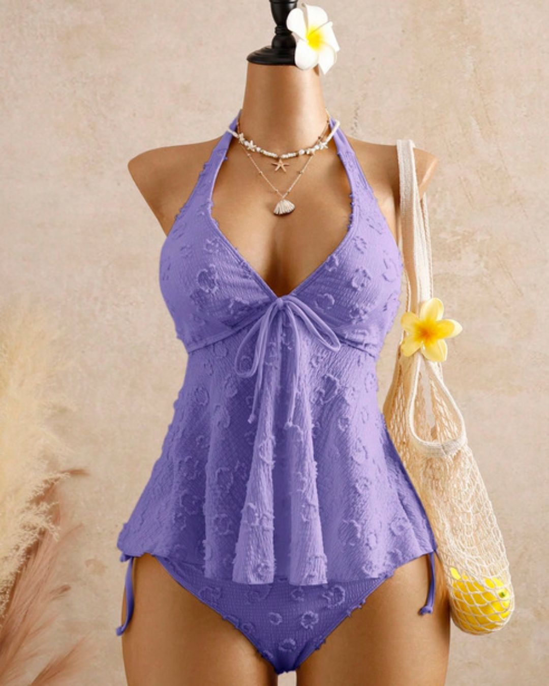 Girly Relaxed Vacation Polka Dot Textured Fabric Camisole Babydoll Bikini Set