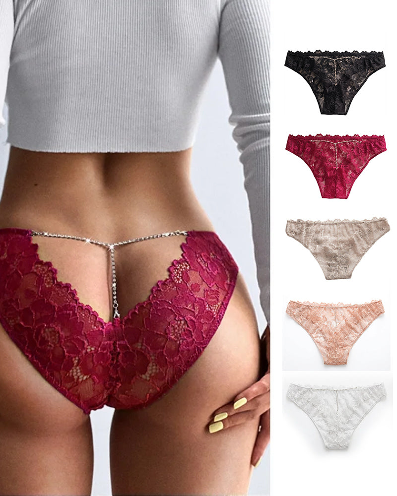 Low-Rise Rhinestone Chain Sheer Floral Lace Panties