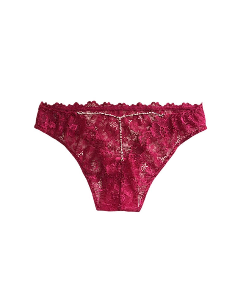 Low-Rise Rhinestone Chain Sheer Floral Lace Panties